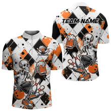 Load image into Gallery viewer, Custom Orange Argyle Pattern Funny Skeleton Bowling And Beer Men Quarter-Zip Shirts, Team Outfit IPHW8893