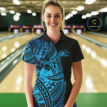 Load image into Gallery viewer, Custom Black And Blue Polynesian Tribal Bowling Women Shirt, Maori Bowling League Shirt IPHW10970