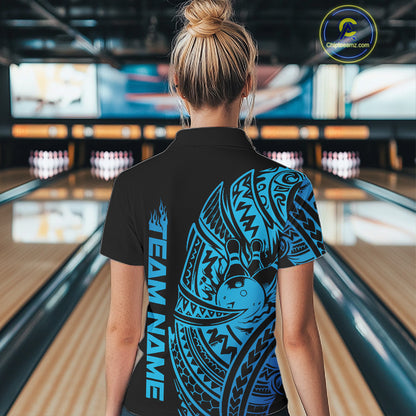 Back view of a female model in a black and blue bowling quarter-zip shirt displaying tribal bowling artwork.