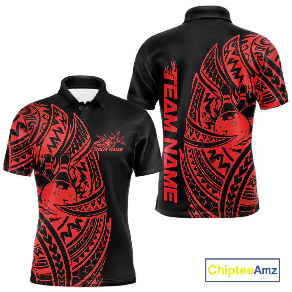 Front and back views of a black and red mens bowling polo shirt showcasing bowling ball and pin artwork surrounded by bold Polynesian swirls.