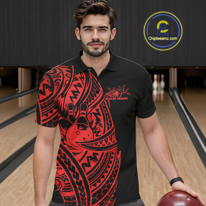 Male model wearing a black and red bowling polo shirt at the lane with tribal-inspired bowling graphics.