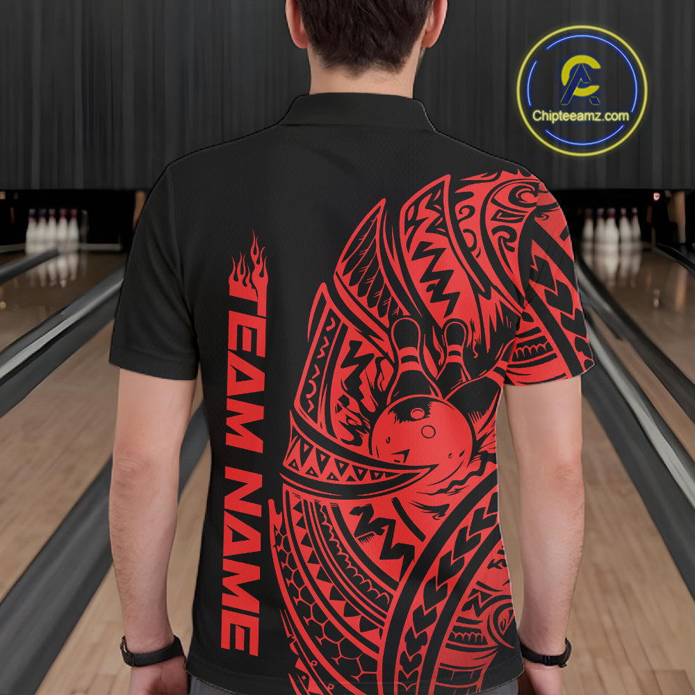 Back view of a male model in a black and red bowling polo shirt featuring bold swirl accents and bowling motifs.