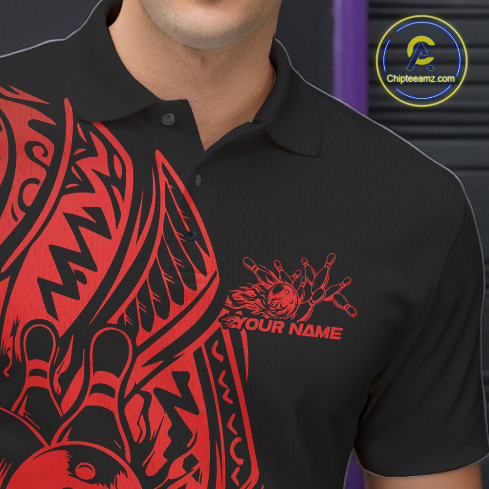 Close-up left chest detail of a black and red bowling polo shirt displaying Polynesian-style bowling artwork.