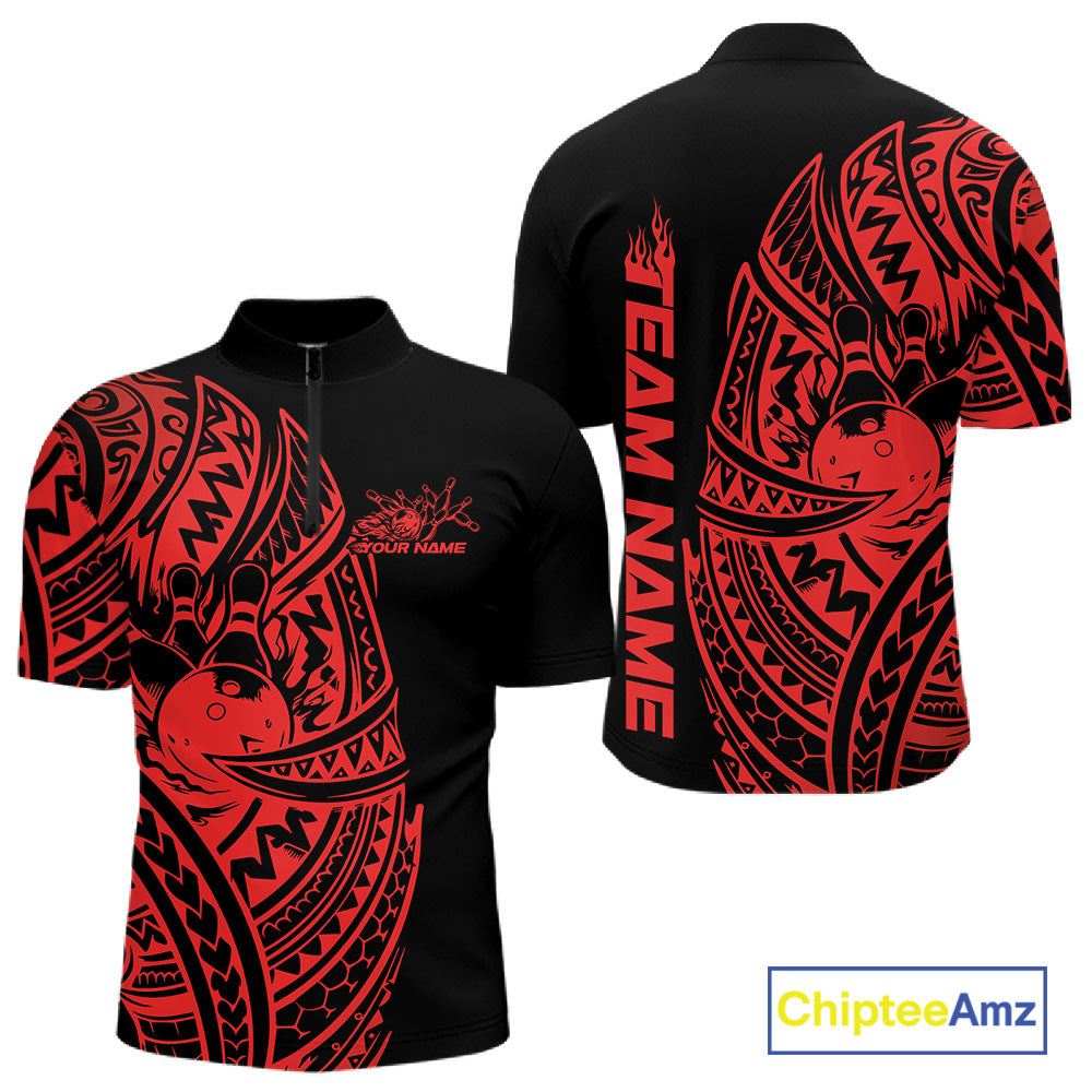 Front and back views of a black and red mens bowling quarter-zip shirt featuring bowling pins and a ball framed by tribal patterns.