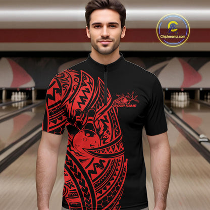 Male model wearing a black and red bowling quarter-zip shirt at the lane with Polynesian-style bowling motifs.