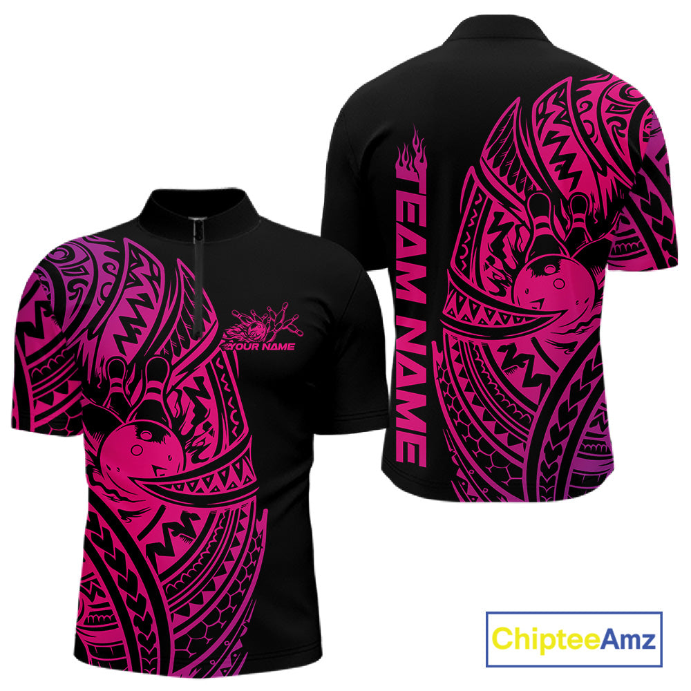 Front and back views of a black and pink mens bowling quarter-zip shirt featuring bowling ball and pin artwork framed by bold tribal swirls.