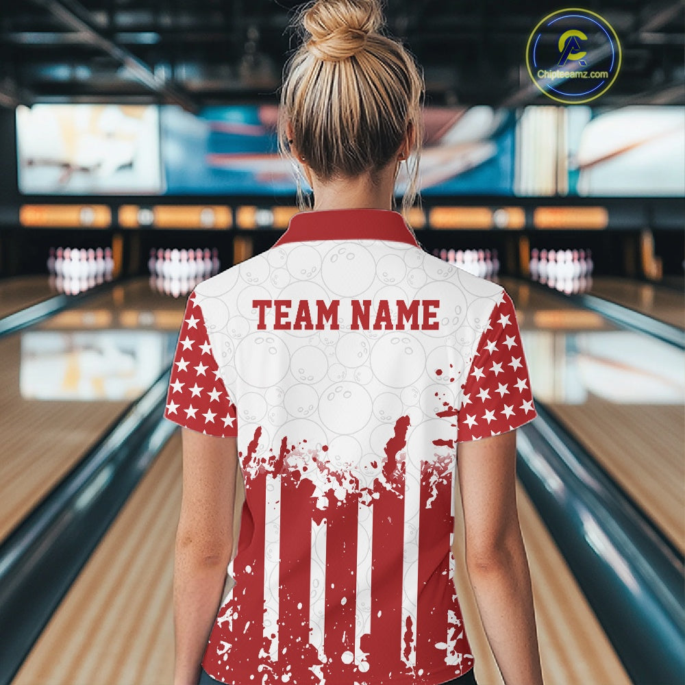 Female model showcasing the back design of a custom red and white patriotic stars and stripes women's bowling polo shirt with a customizable "TEAM NAME" text template inside a bowling alley.