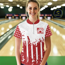 Load image into Gallery viewer, Female bowlers wearing matching custom red American flag quarter-zip team shirts on the bowling lane.