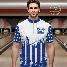 Load image into Gallery viewer, Male model wearing a custom blue and white stars and stripes patriotic men's bowling quarter-zip jersey at a bowling alley lane.