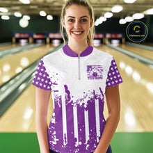 Load image into Gallery viewer, Female bowler posing on a lane wearing a personalized purple US flag performance bowling team shirt.
