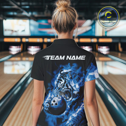 Custom Blue Fire Flame Tiger Bowling Jerseys, Bowling Team Women Quarter-Zip Shirts IPHW9487
