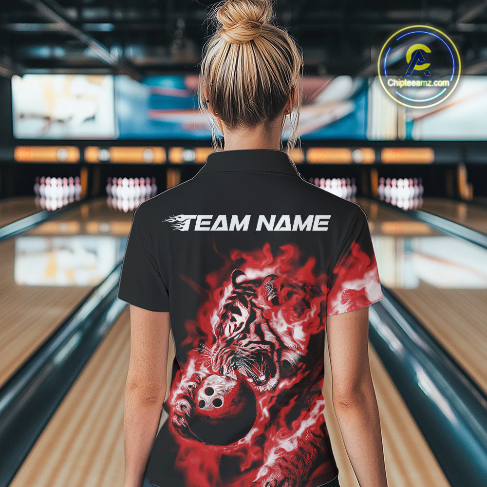 Custom Red Fire Flame Tiger Bowling Jerseys, Bowling Team Women Polo Shirts IPHW9488