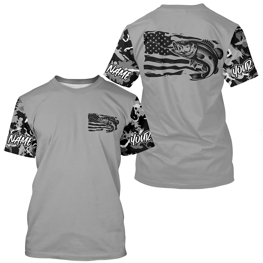 Gray Camo Us Flag Largemouth Bass Custom Patrotic Long Sleeve Fishing Shirt, Bass Fishing Jersey IPHW7965