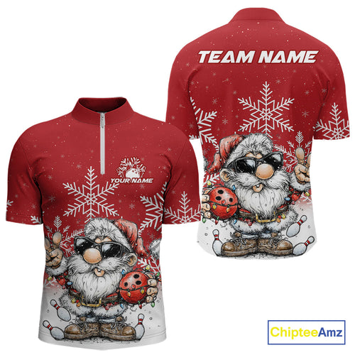Custom Funny Santa Claus Christmas Bowling Men Quarter-Zip Shirts, Xmas Bowling Team Shirt IPHW10109