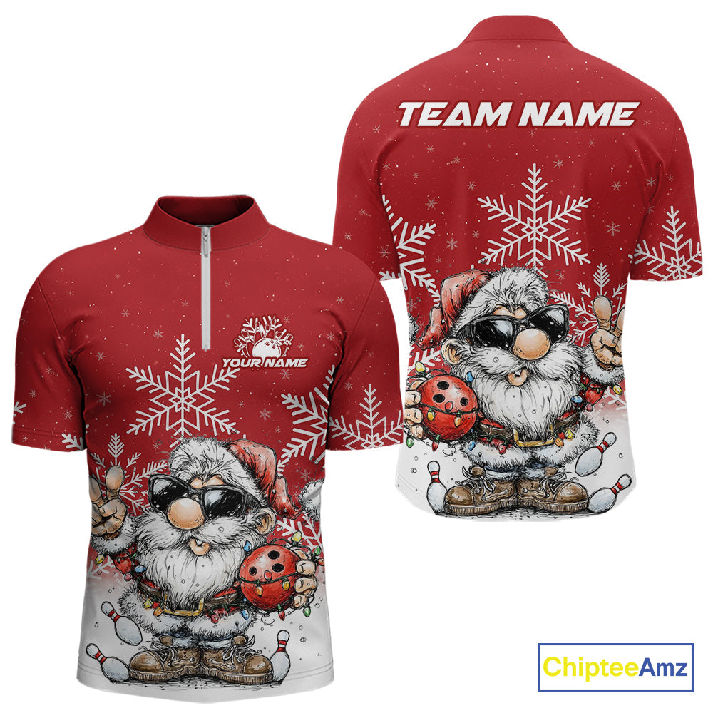 Custom Funny Santa Claus Christmas Bowling Men Quarter-Zip Shirts, Xmas Bowling Team Shirt IPHW10109
