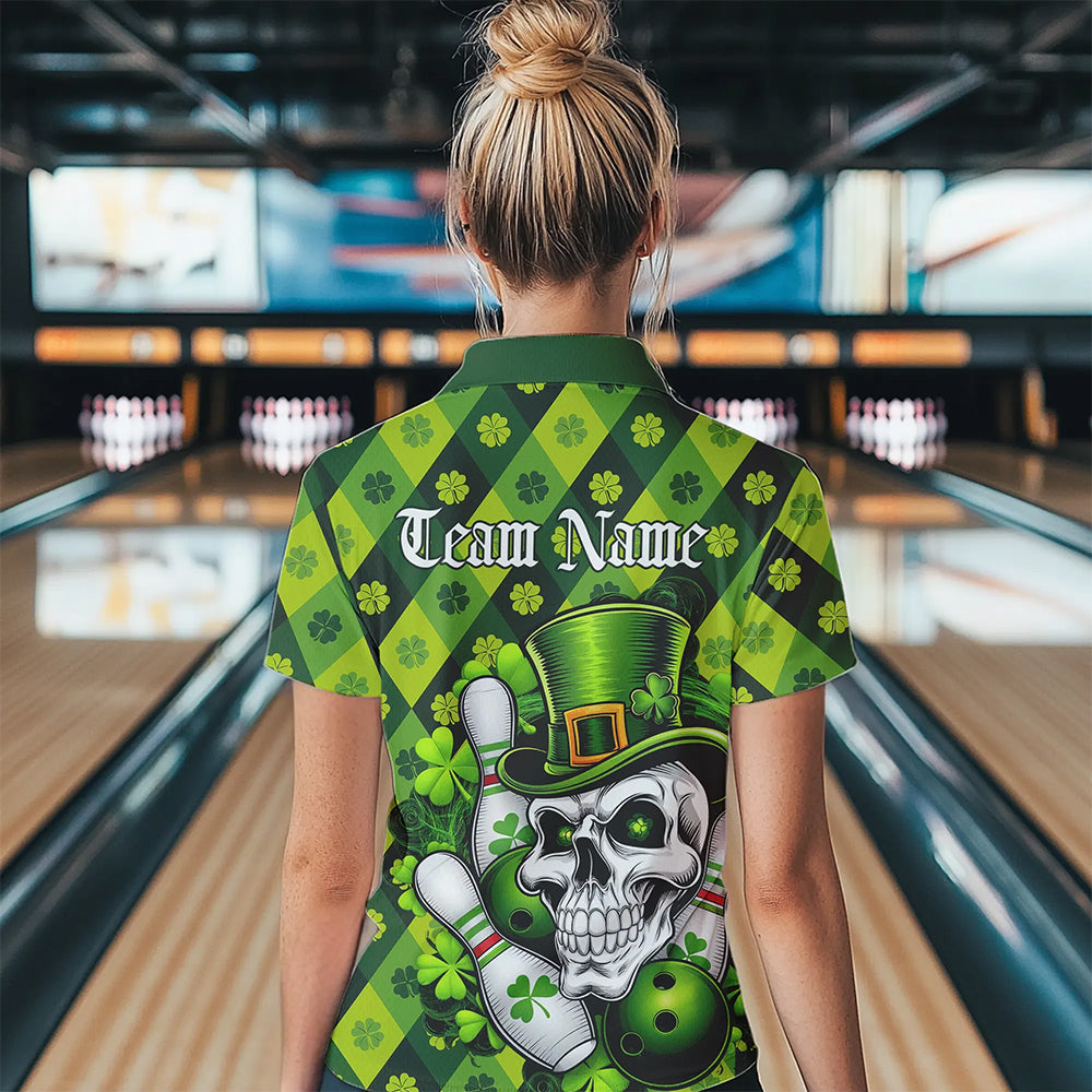 Custom St Patricks Day Skull Bowling Polo Shirt For Women, Green Shamprock Lucky Team Shirt IPHW8581