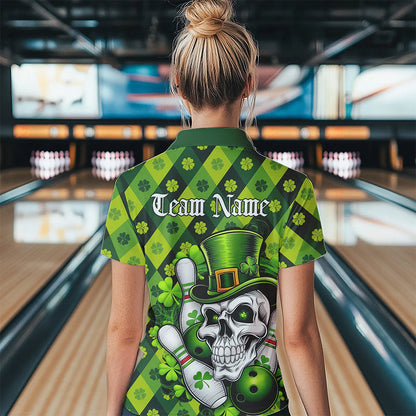 Custom St Patricks Day Skull Bowling Polo Shirt For Women, Green Shamprock Lucky Team Shirt IPHW8581