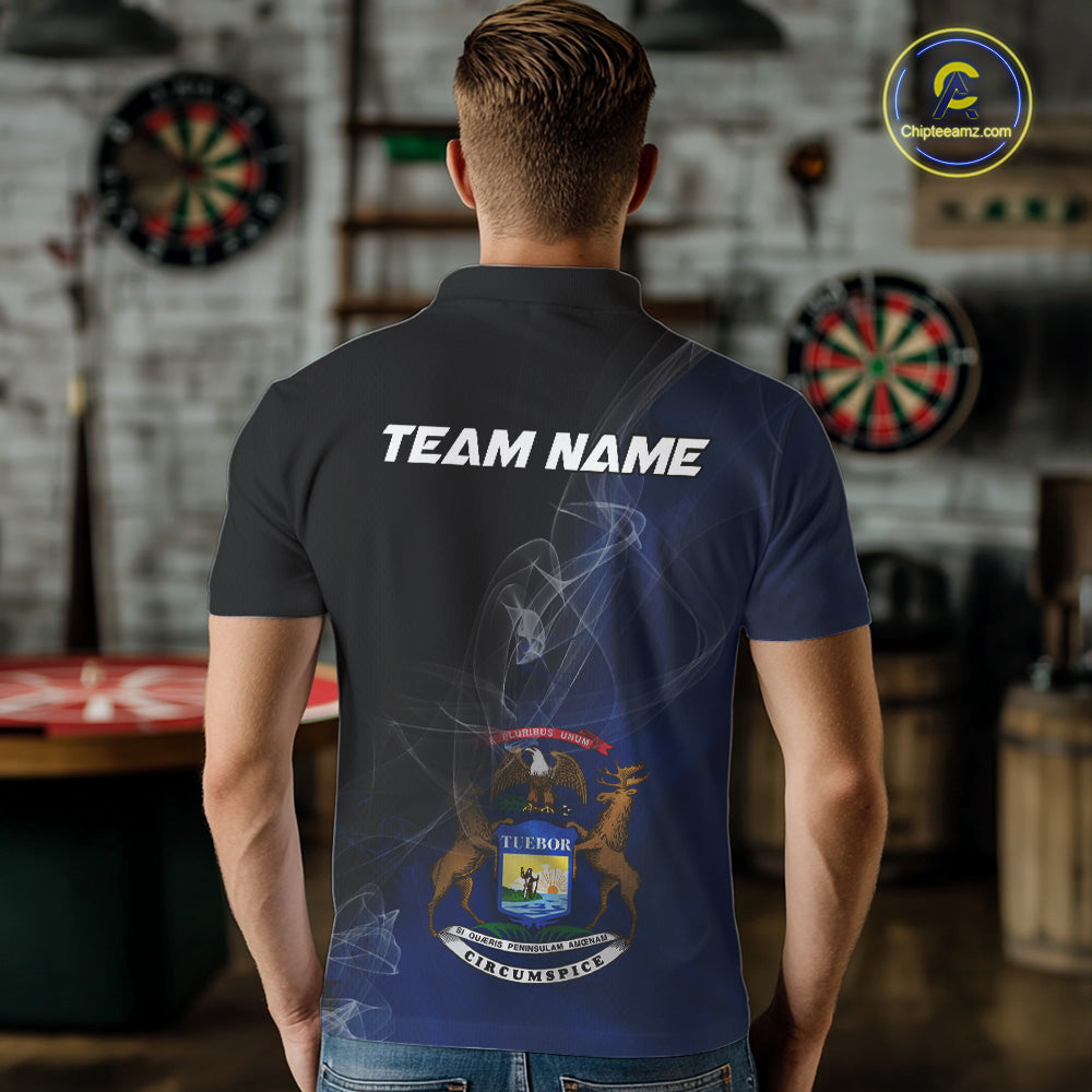 Custom Smoke Flame Michigan Flag Patriotic Darts Shirt For Men, Dart League Team Jerseys IPHW10743