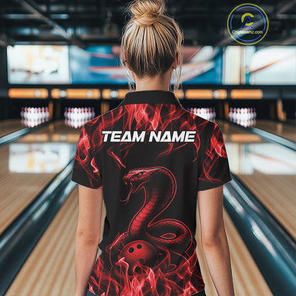 Custom Black And Red Flame Cobra Snake Bowling Women Shirts, Bowling League Shirt IPHW10765