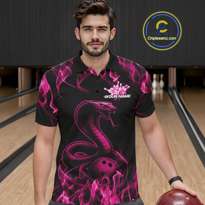 Custom Black And Pink Flame Cobra Snake Bowling Men Shirts, Bowling League Shirt IPHW10766