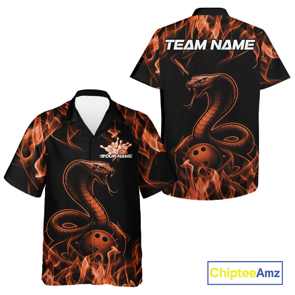 Custom Black And Orange Flame Cobra Snake Bowling Men And Women Shirts, Bowling League Shirt IPHW10767