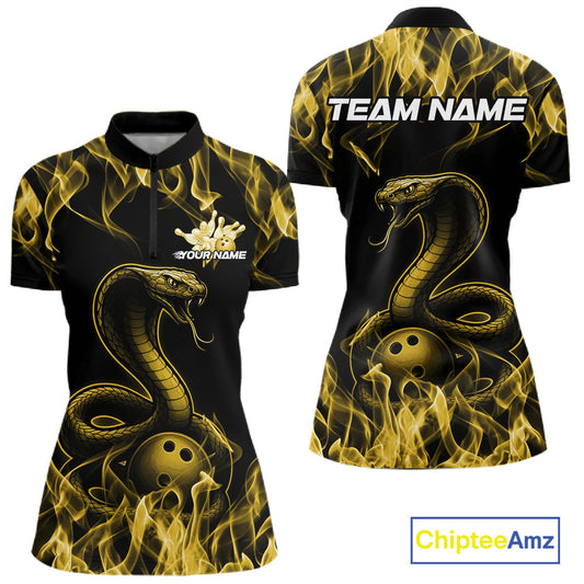 Custom Black And Yellow Flame Cobra Snake Bowling Women Shirts, Bowling League Shirt IPHW10768