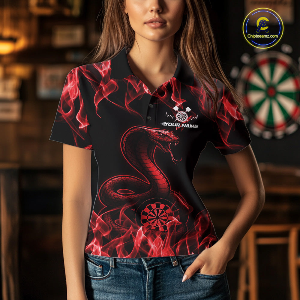 Custom Black And Red Flame Cobra Snake Dart Women Shirts, Dart League Shirt IPHW10770