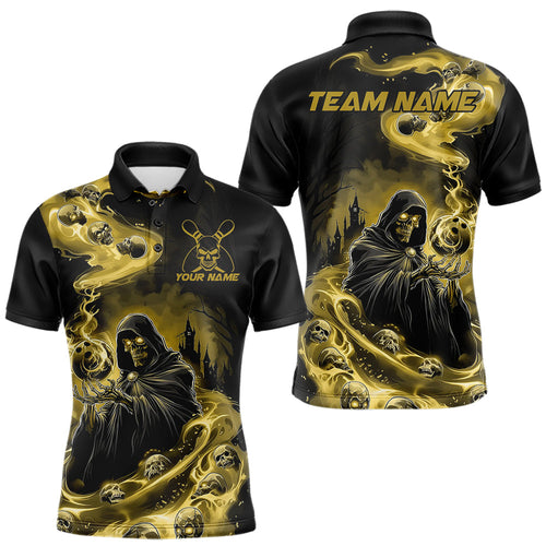 Black And Yellow Grim Reaper Custom Halloween Bowling Team Men Polo Shirts, Bowlers Outfit IPHW8894