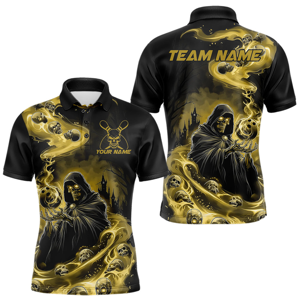 Black And Yellow Grim Reaper Custom Halloween Bowling Team Men Polo Shirts, Bowlers Outfit IPHW8894