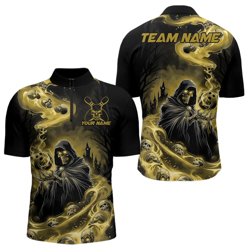 Black And Yellow Grim Reaper Custom Halloween Bowling Team Men Quarter-Zip Shirts, Bowlers Outfit IPHW8894
