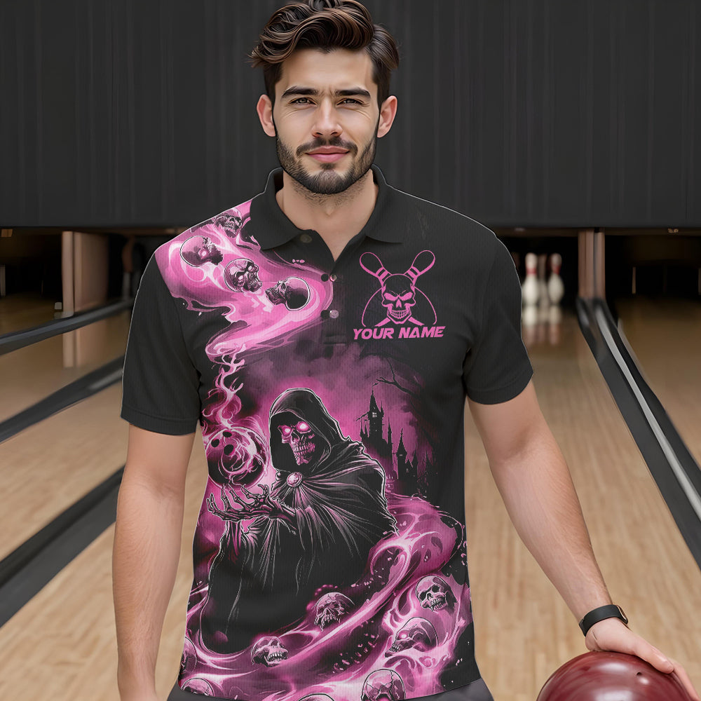 Black And Pink Grim Reaper Custom Halloween Bowling Team Men Polo Shirts, Bowlers Outfit IPHW8895