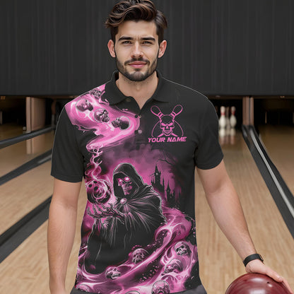 Black And Pink Grim Reaper Custom Halloween Bowling Team Men Polo Shirts, Bowlers Outfit IPHW8895