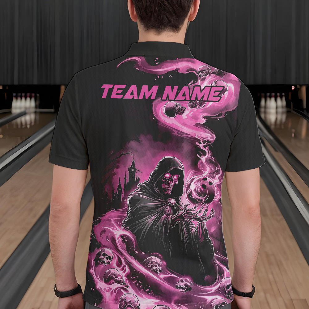 Black And Pink Grim Reaper Custom Halloween Bowling Team Men Polo Shirts, Bowlers Outfit IPHW8895
