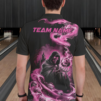 Black And Pink Grim Reaper Custom Halloween Bowling Team Men Polo Shirts, Bowlers Outfit IPHW8895
