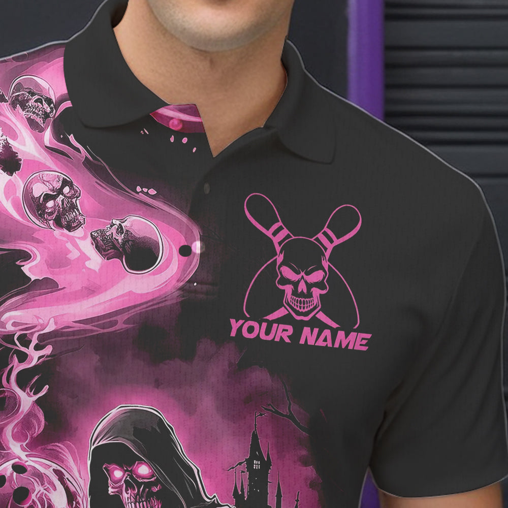 Black And Pink Grim Reaper Custom Halloween Bowling Team Men Polo Shirts, Bowlers Outfit IPHW8895