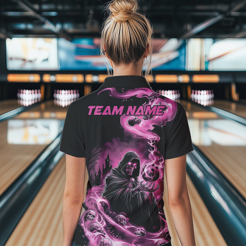 Black And Pink Grim Reaper Custom Halloween Bowling Team Women Polo Shirts, Bowlers Outfit IPHW8895