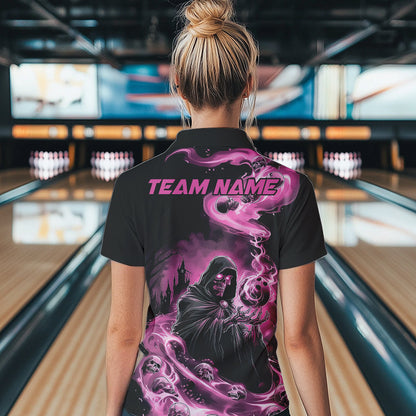 Black And Pink Grim Reaper Custom Halloween Bowling Team Women Polo Shirts, Bowlers Outfit IPHW8895