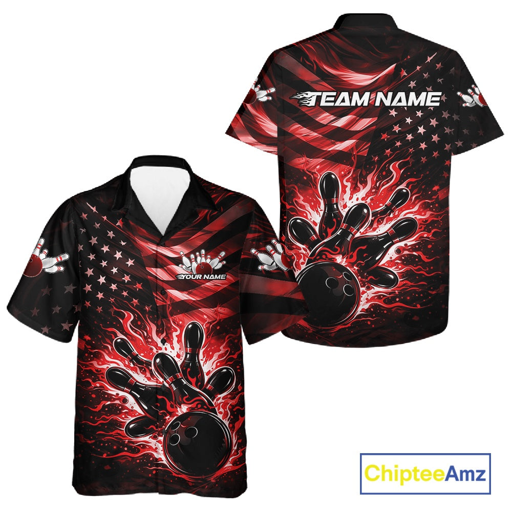 Front and back views of a black button-up bowling shirt showcasing red flame bowling strike graphics and American flag-inspired artwork.