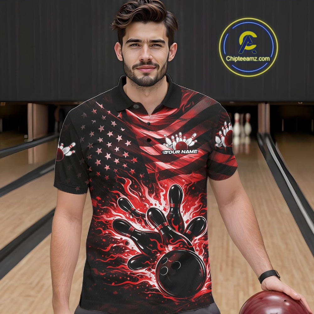 Male model wearing a black bowling polo shirt at the bowling lane with red flame bowling graphics and patriotic details.