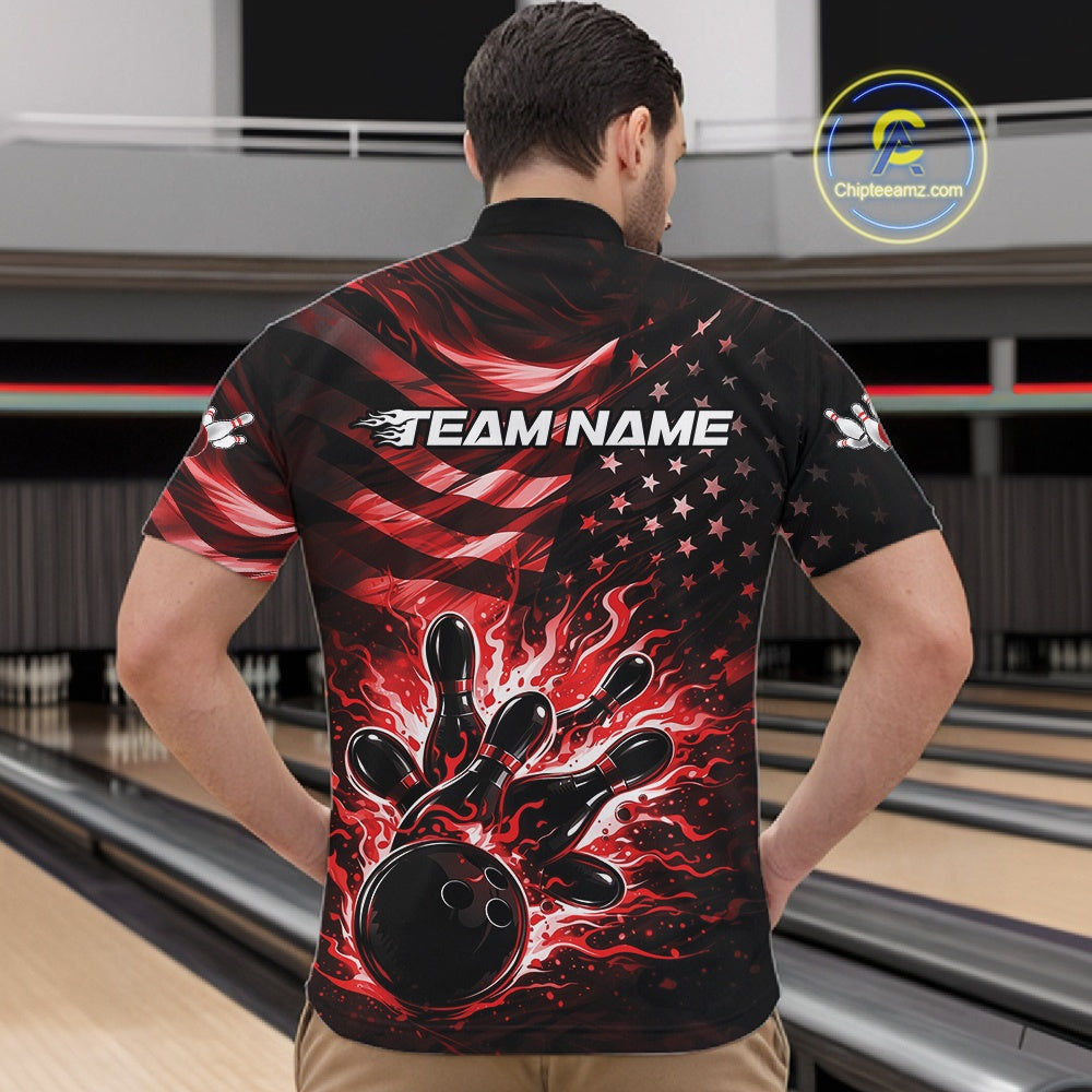 Front view of a male model in a black bowling quarter-zip shirt displaying red flame bowling strike artwork and flag motifs.