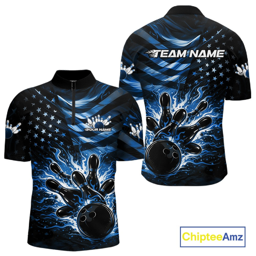 Front and back views of a black mens bowling quarter-zip shirt featuring a blue flame bowling ball striking pins with distressed American flag graphics.