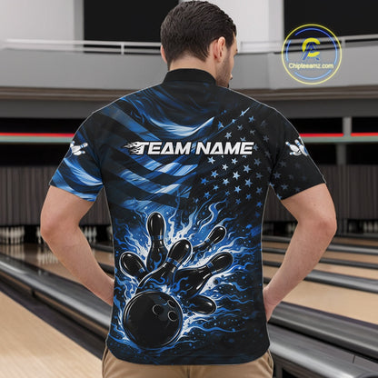 Front view of a male model in a black bowling quarter-zip shirt showcasing blue flame bowling strike graphics and distressed flag details.