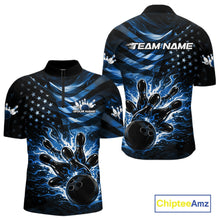 Load image into Gallery viewer, Custom Black And Blue Patriotic Fire Flame Men Bowling Shirt, US Flag Bowling Jerseys IPHW10998