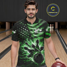 Load image into Gallery viewer, Custom Black And Green Patriotic Fire Flame Men Bowling Shirt, US Flag Bowling Jerseys IPHW10999