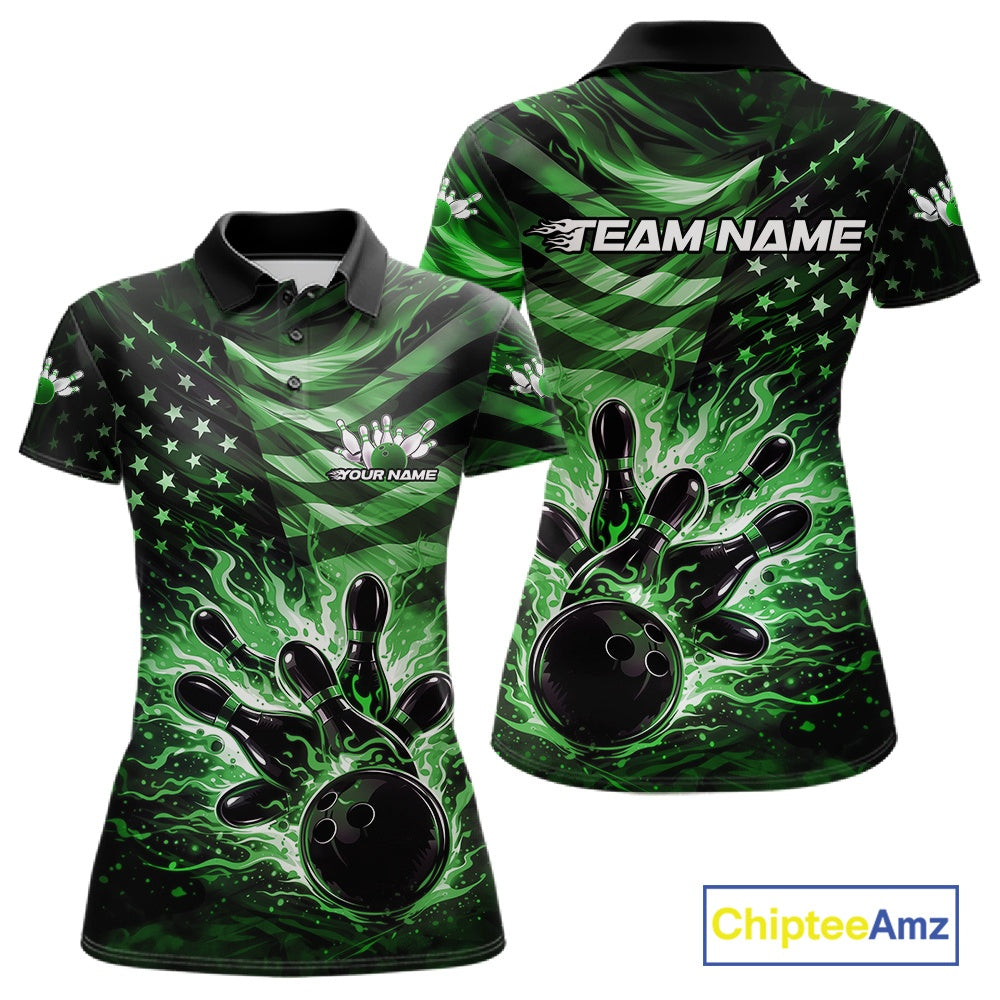 Front and back views of a black womens bowling polo shirt showcasing a green flame bowling ball striking pins with patriotic flag-inspired graphics.