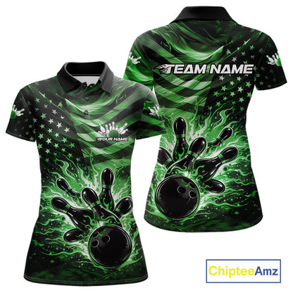 Front and back views of a black womens bowling polo shirt showcasing a green flame bowling ball striking pins with patriotic flag-inspired graphics.