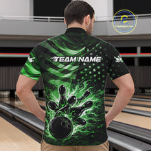 Load image into Gallery viewer, Custom Black And Green Patriotic Fire Flame Men Bowling Shirt, US Flag Bowling Jerseys IPHW10999