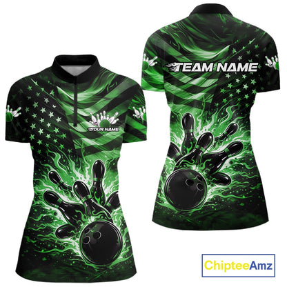 Front and back views of a black womens bowling quarter-zip shirt featuring a green flame bowling ball striking pins with a distressed American flag theme.