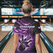 Load image into Gallery viewer, Custom Black And Purple Patriotic Fire Flame Women Bowling Shirt, US Flag Bowling Jersey IPHW11000