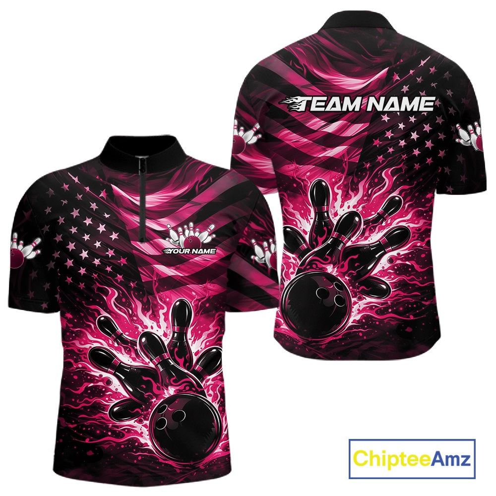 Front and back views of a black mens bowling quarter-zip shirt featuring a pink flame bowling ball and distressed American flag artwork.